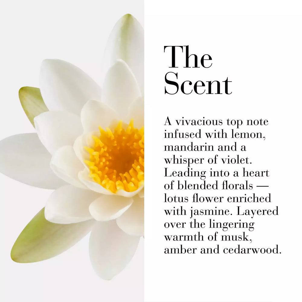 The scent is a vivacious top note infused with lemon, mandarin and whisper of violet. Leading into a heart of blended florals - lotus flower enriched with jasmine. Layered over the lingering warmth of musk, amber and cedarwood.